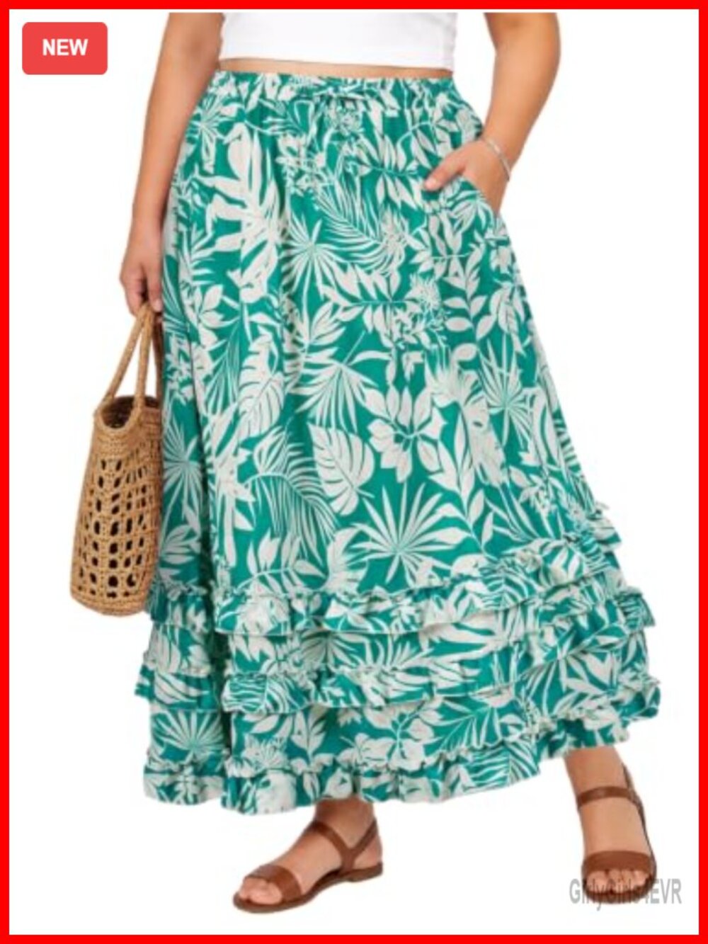 Plus Size Floral Maxi Skirt with Pockets Tiered Ruffle Hem High Waist
